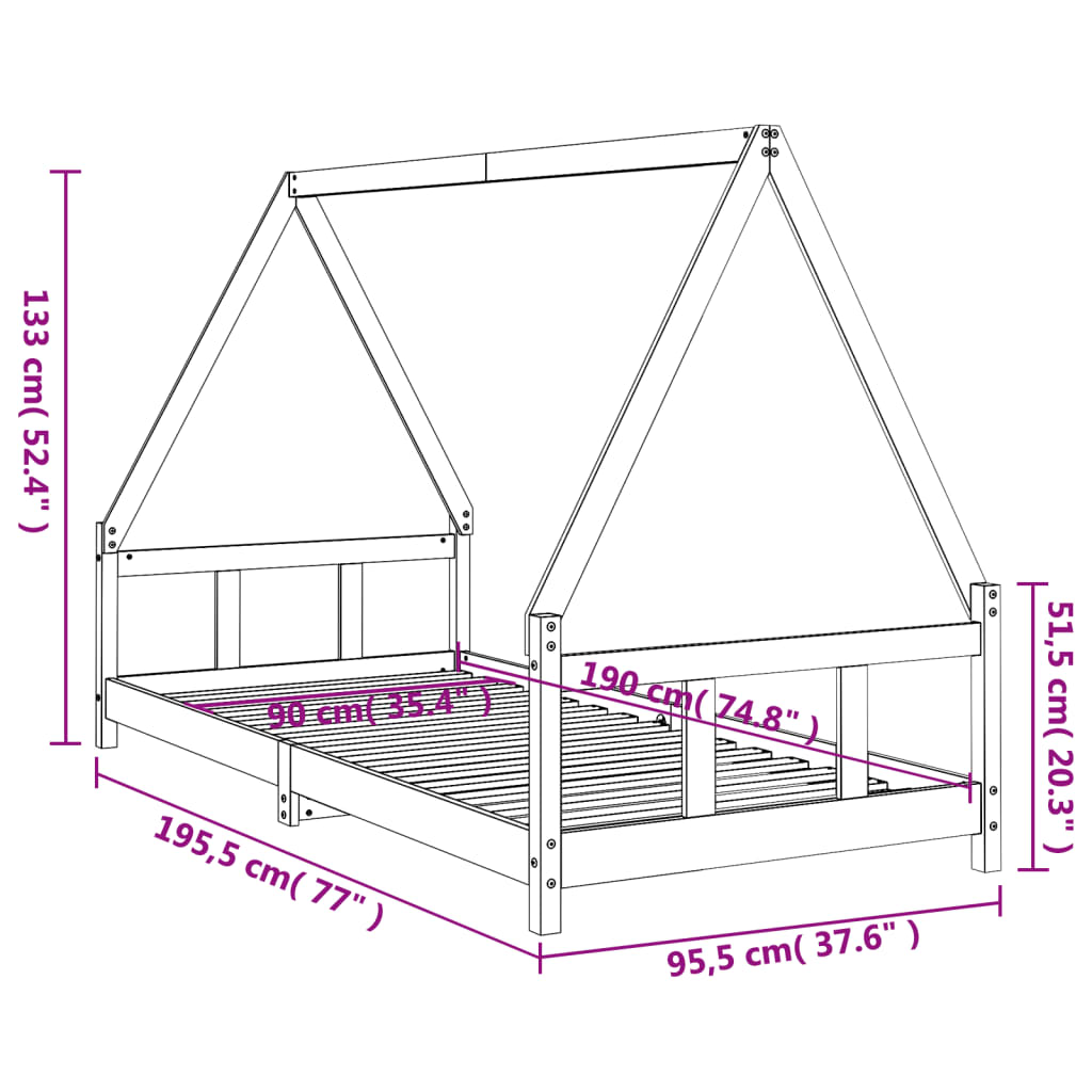 Sängram för barn 90x190 cm massiv furu