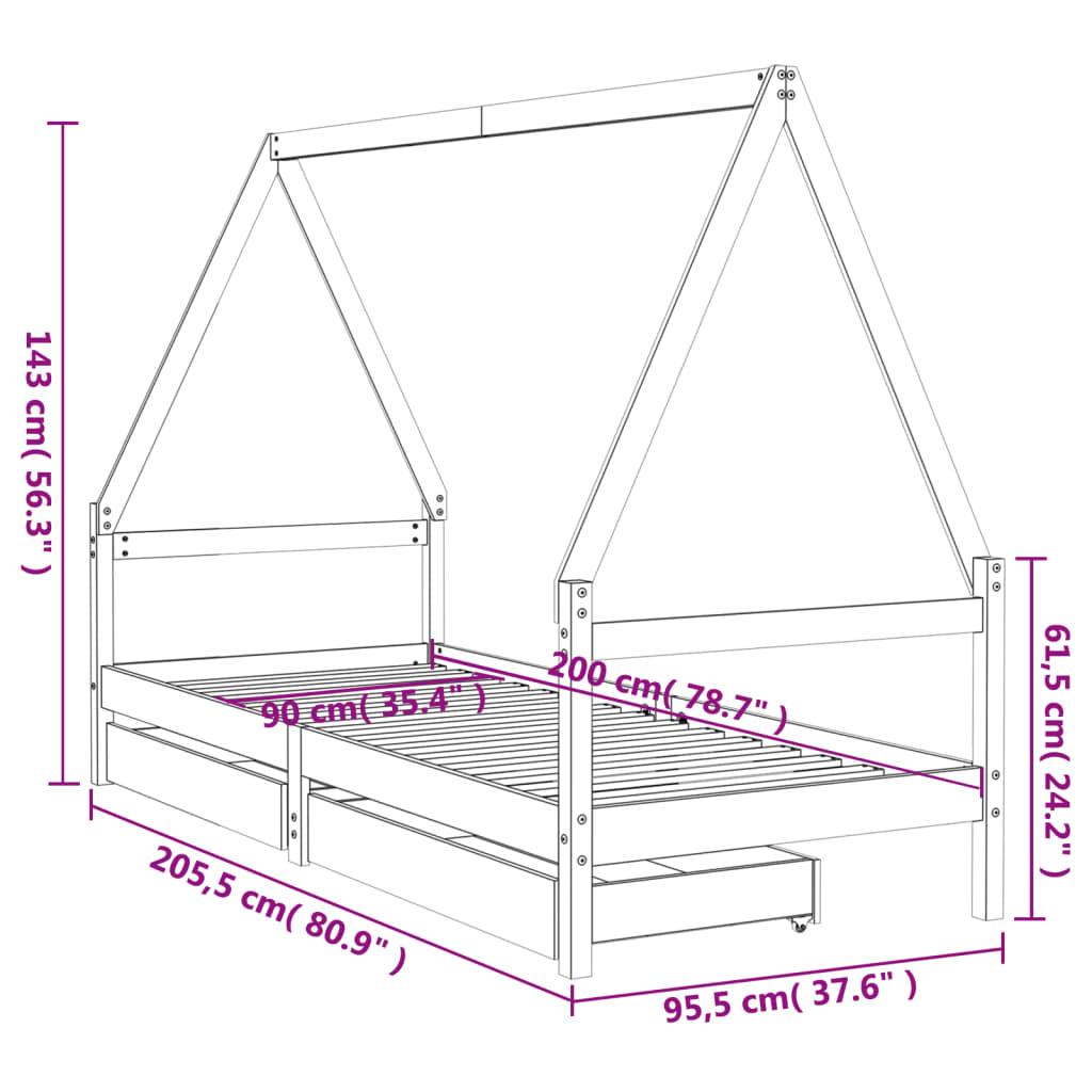 Sängram för barnsäng m. lådor vit 90x200 cm massiv furu - HQ5