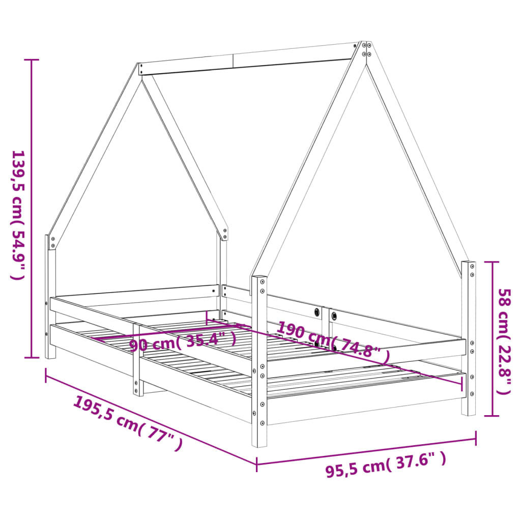 Sängram för barn vit 90x190 cm massiv furu