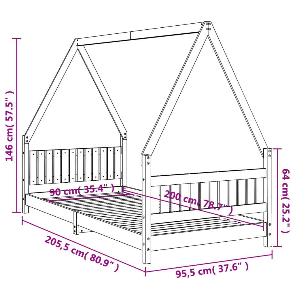 Sängram för barnsäng svart 90x200 cm massiv furu