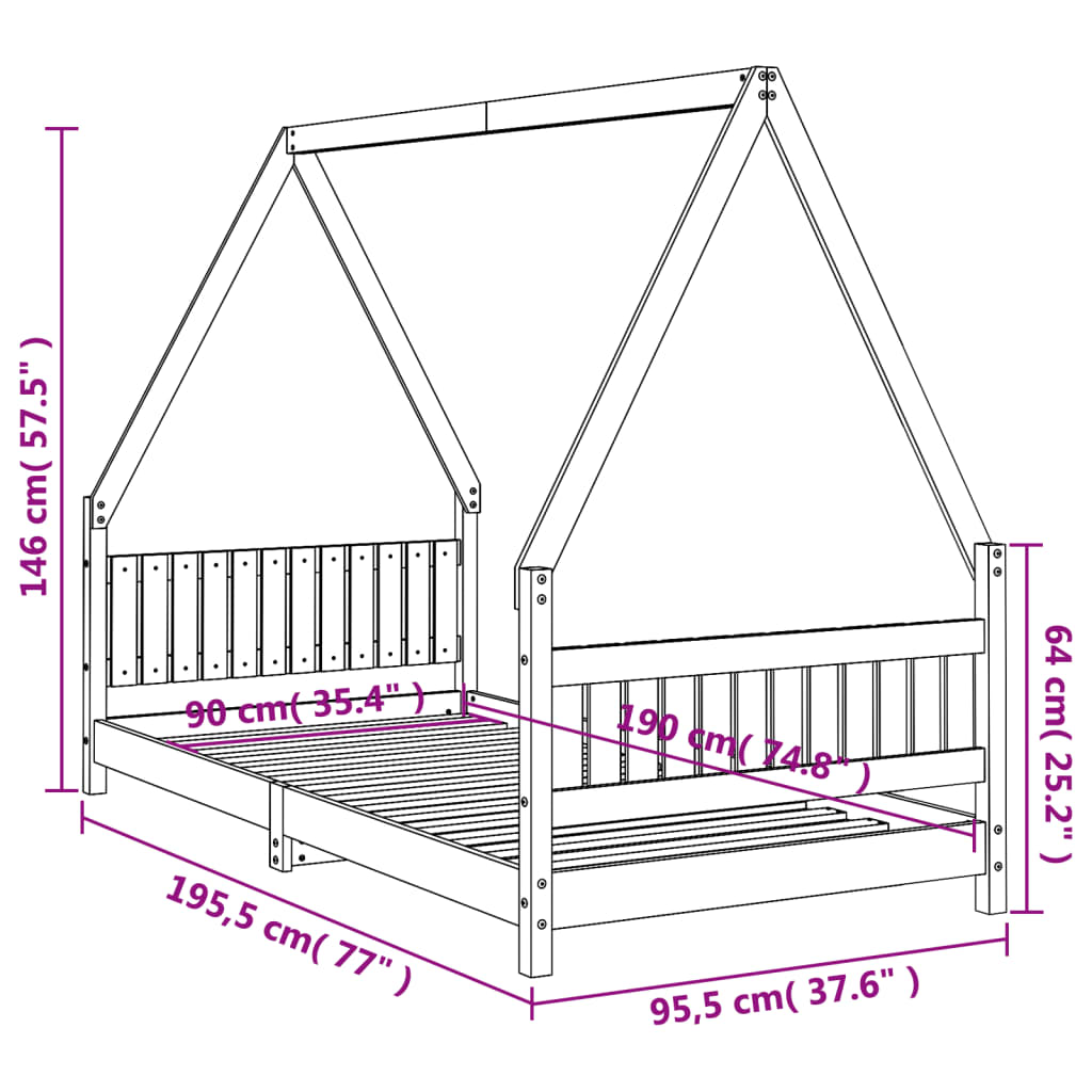 Sängram för barn vit 90x190 cm massiv furu