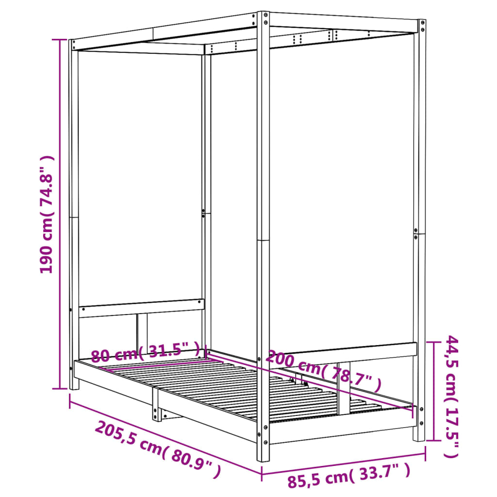 Sängram för barnsäng svart 80x200 cm massiv furu