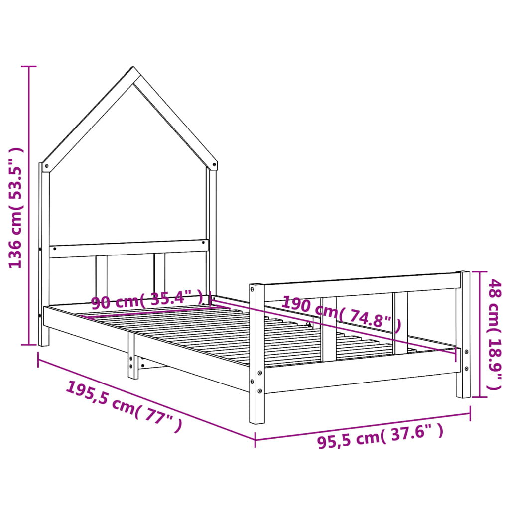 Sängram för barn vit 90x190 cm massiv furu