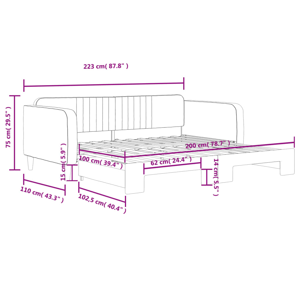 Dagbädd utdragbar rosa 100x200 cm sammet