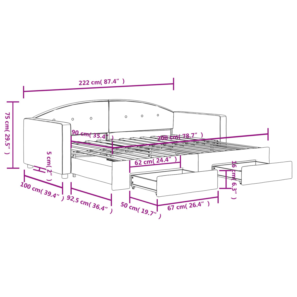 Dagbädd utdragbar med lådor rosa 90x200 cm sammet