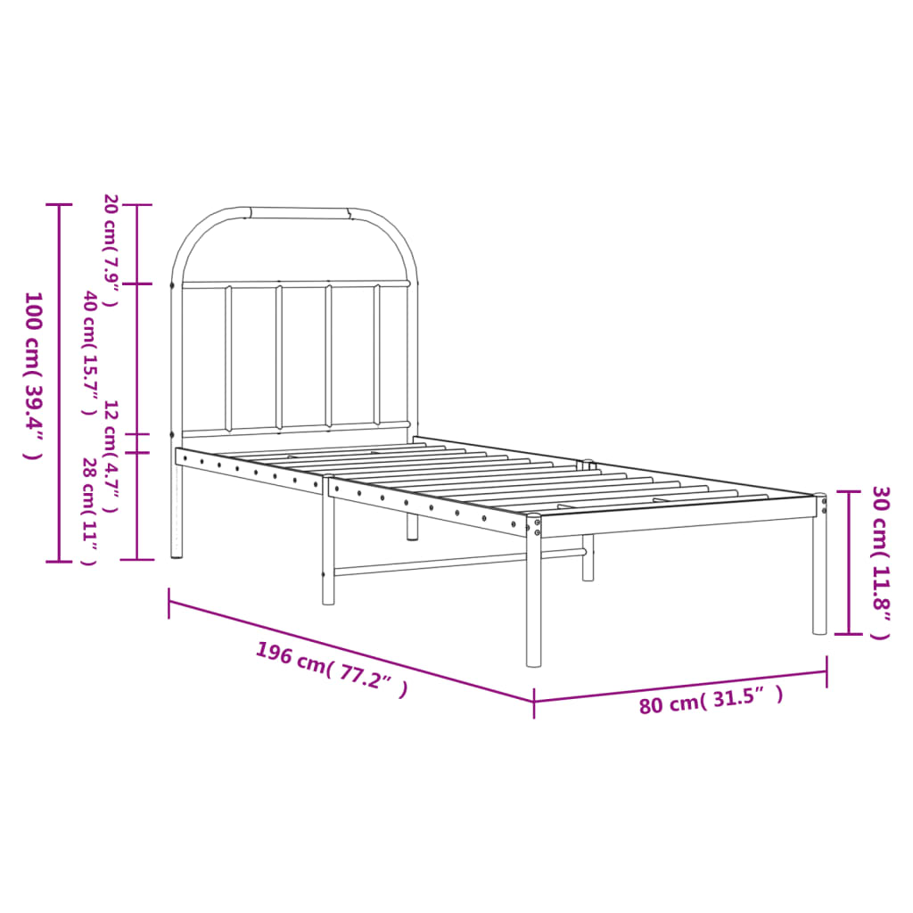 Sängram utan madrass med huvudgavel metall vit 75x190 cm