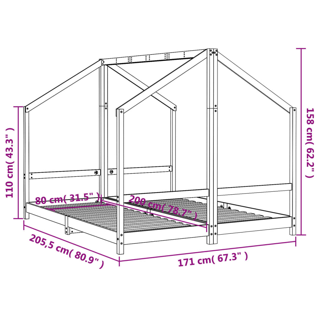 Sängram för barnsäng vit 2x(80x200) cm massiv furu