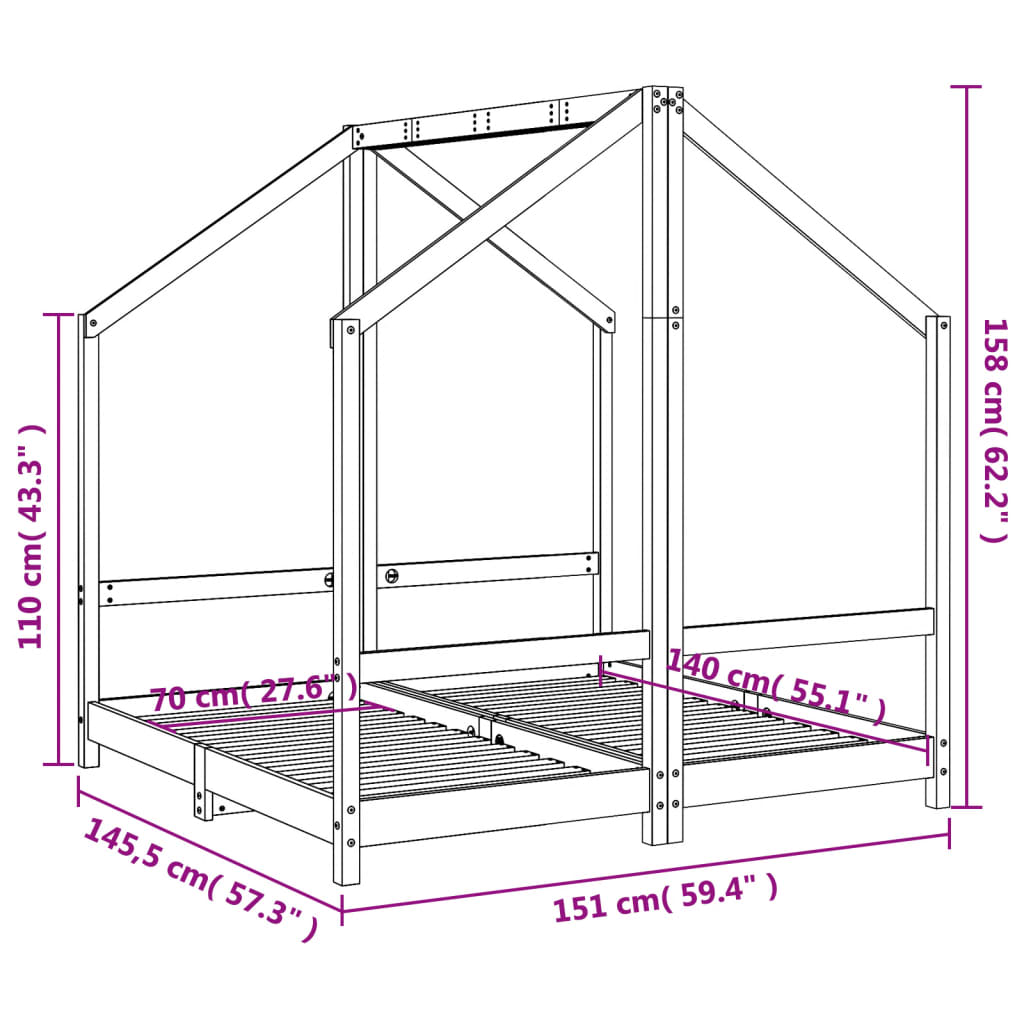 Sängram för barnsäng vit 2x(70x140) cm massiv furu