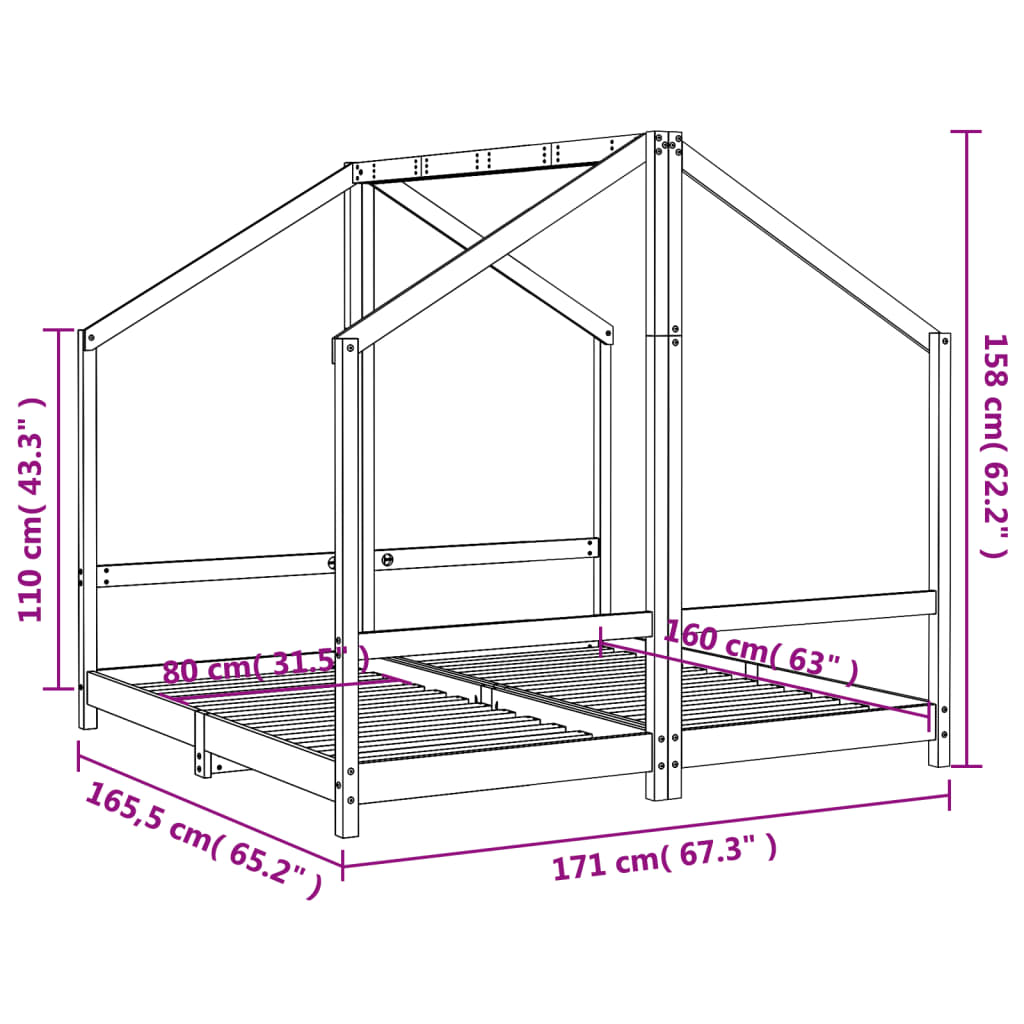 Sängram för barnsäng vit 2x(80x160) cm massiv furu