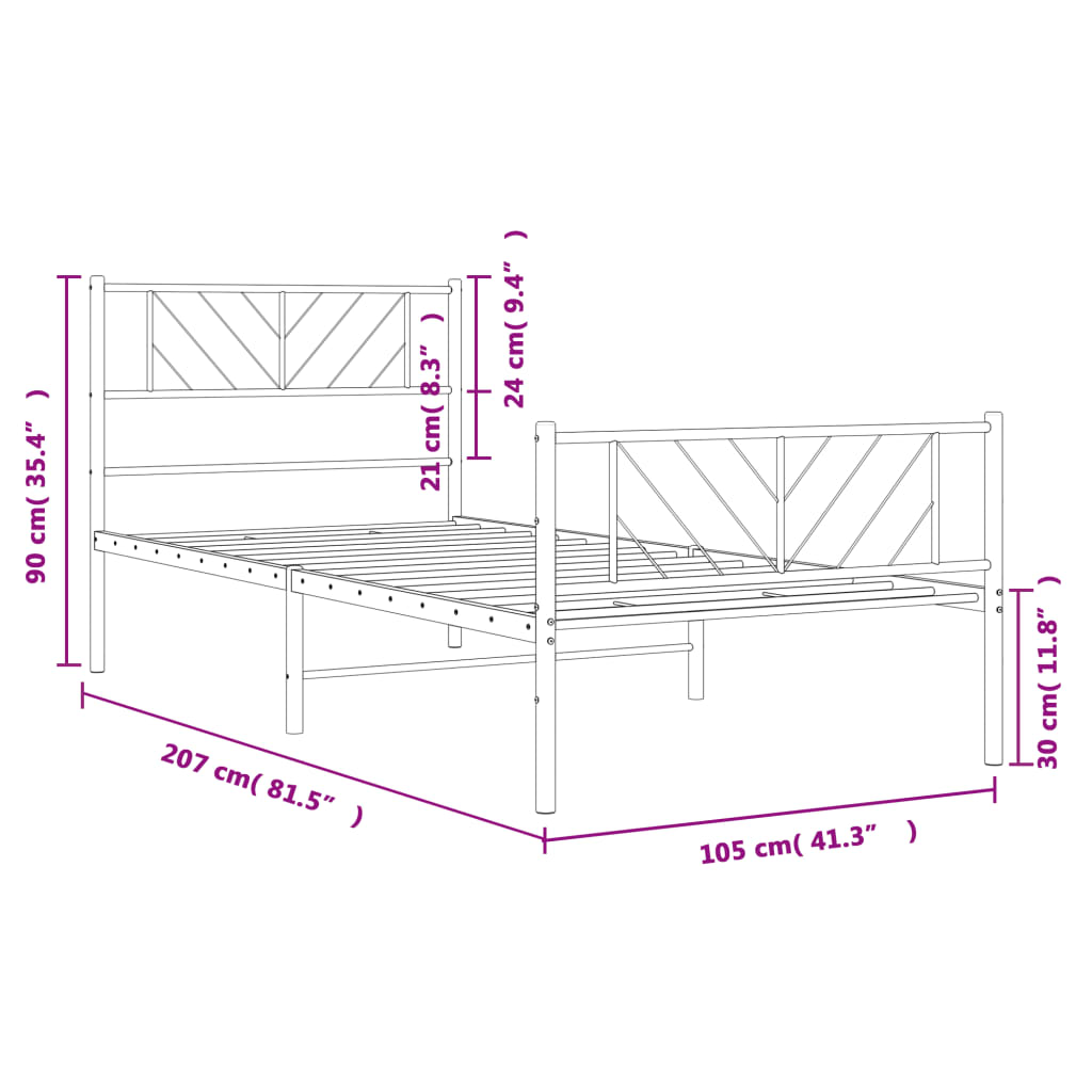 Sängram med huvudgavel och fotgavel vit metall 100x200 cm