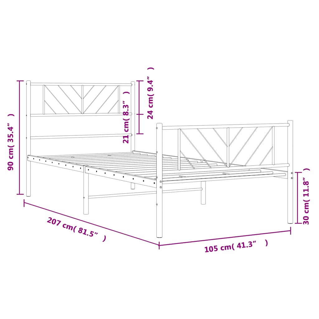 Sängram med huvudgavel och fotgavel vit metall 100x200 cm