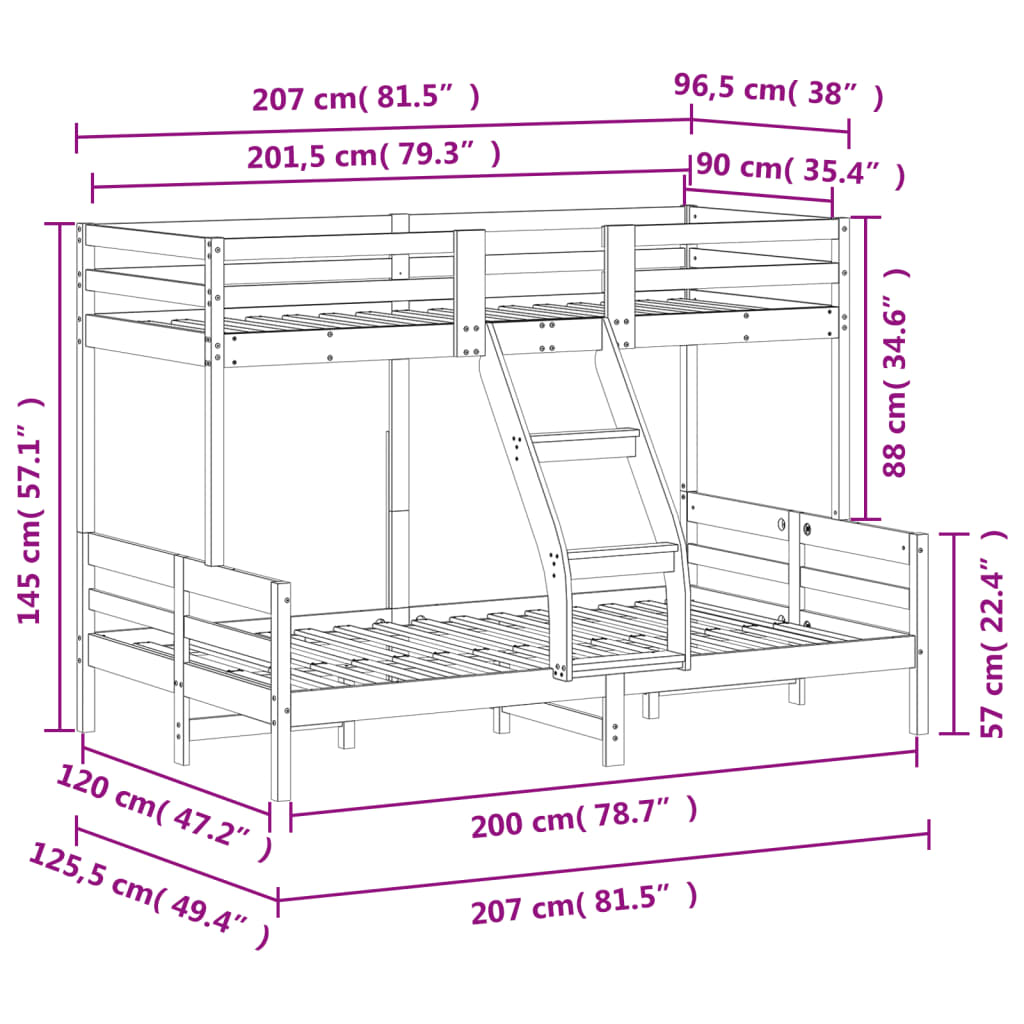 Våningssäng 90x200/120x200 cm vit massiv furu