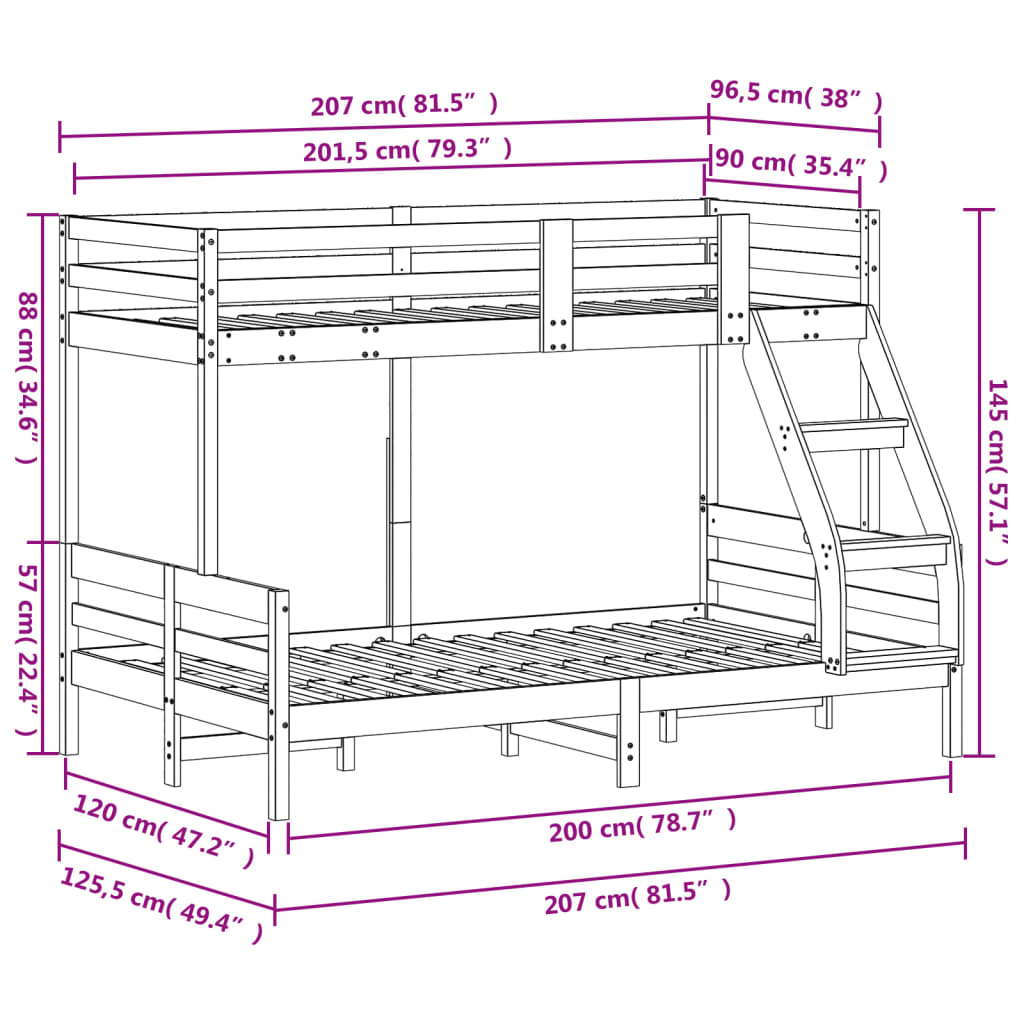 Våningssäng 90x200/120x200 cm vit massiv furu