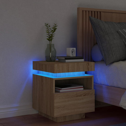 Sängbord med LED-belysning sonoma-ek 40x39x48,5 cm