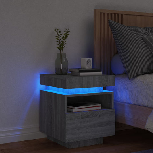 Sängbord med LED-belysning grå sonoma 40x39x48,5 cm