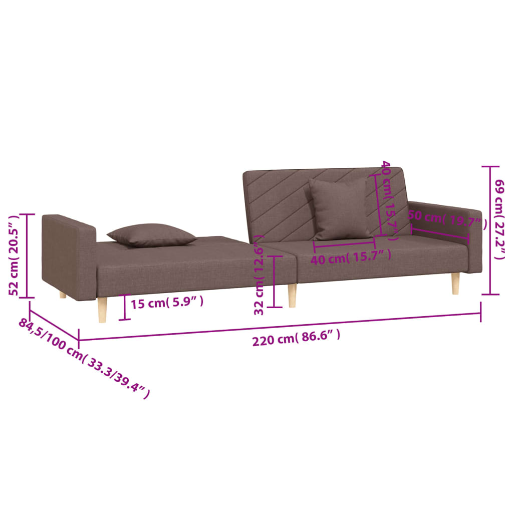 Bäddsoffa 2-sits med två kuddar taupe tyg