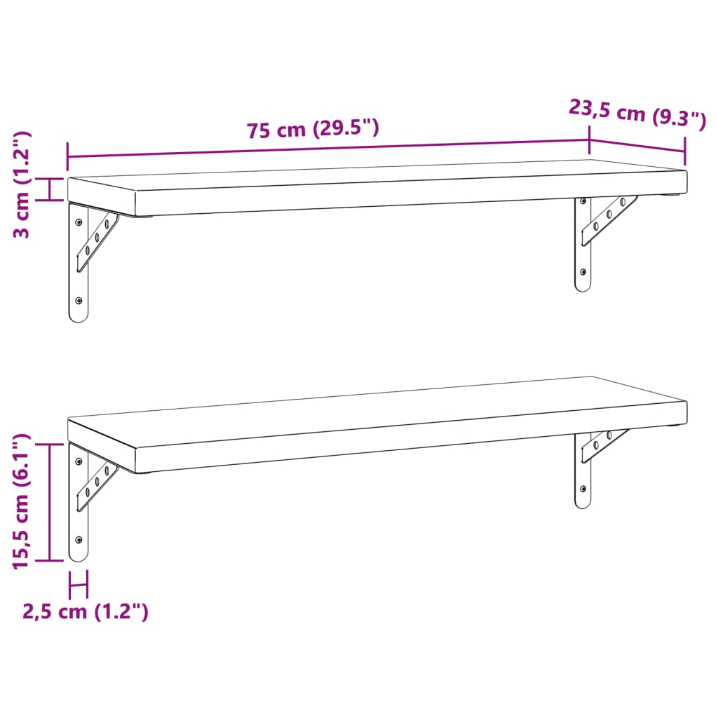 Vägghyllor 2 st 75x23,5 cm silver rostfritt stål