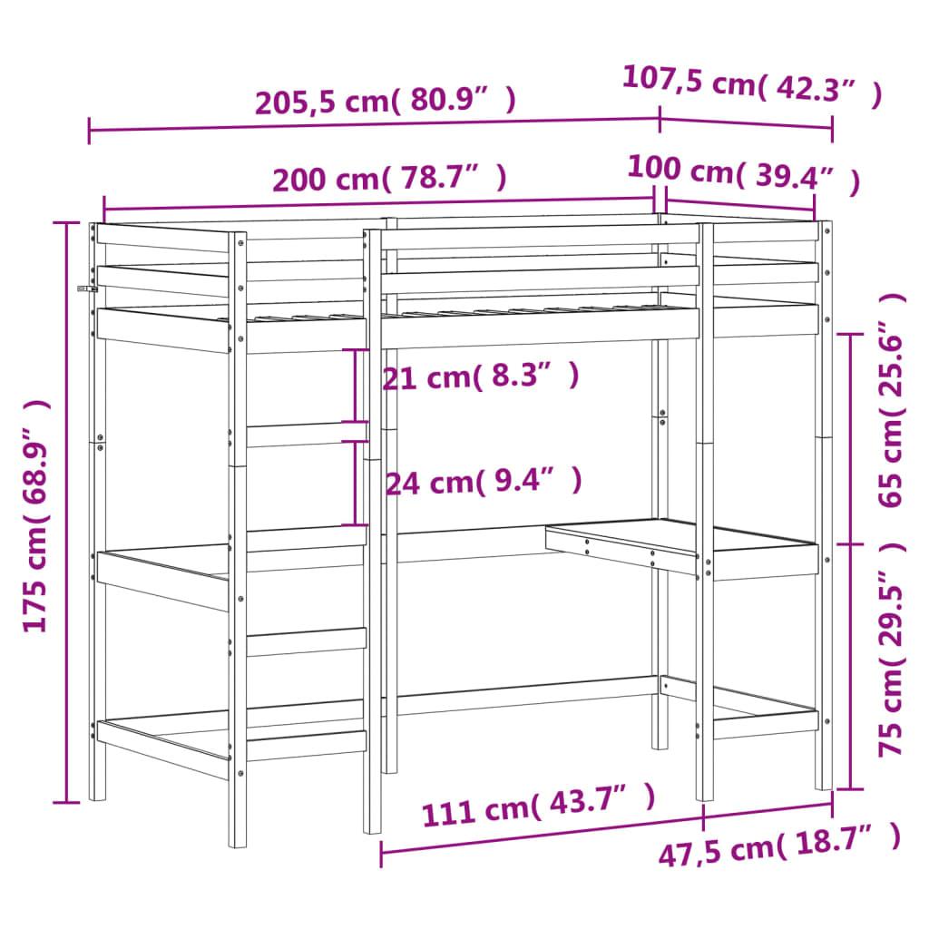 Våningssäng med skrivbord 100x200 cm massiv furu - HQ5