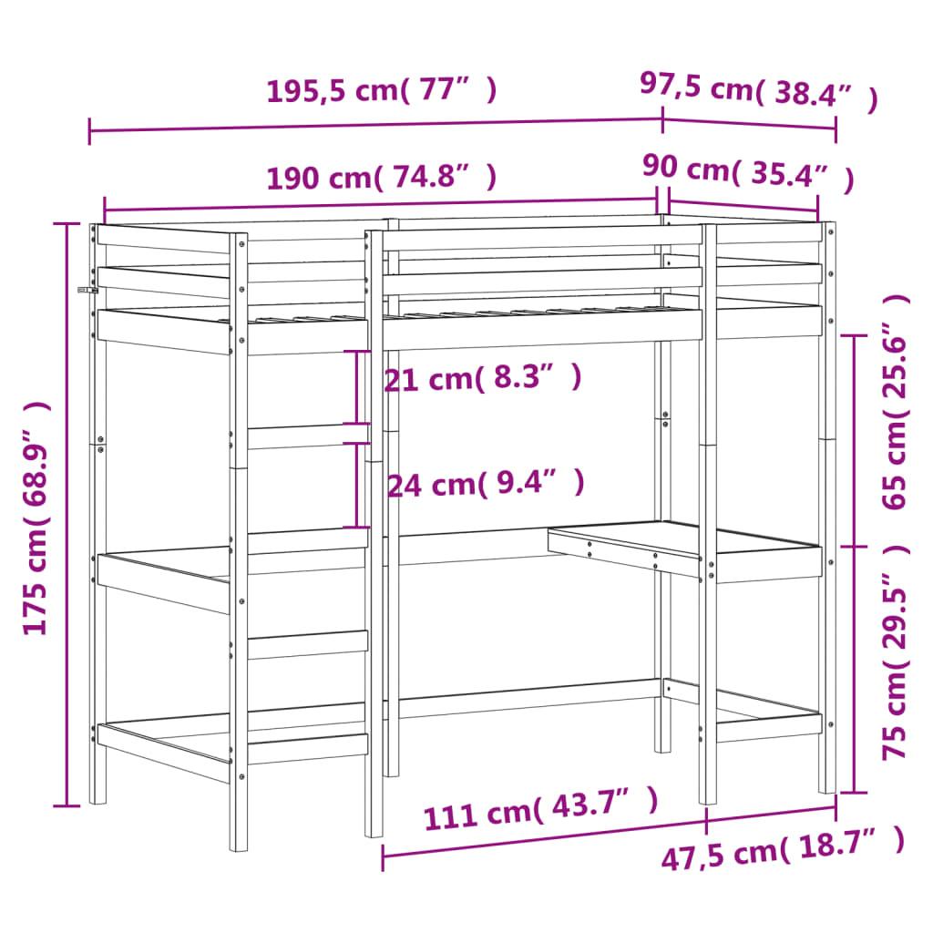 Våningssäng med skrivbord vit 90x190 cm massiv furu - HQ5