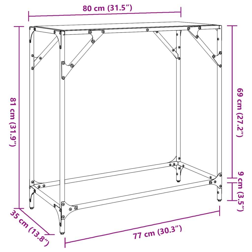 Konsolbord med svart glasskiva 80x35x81 cm stål