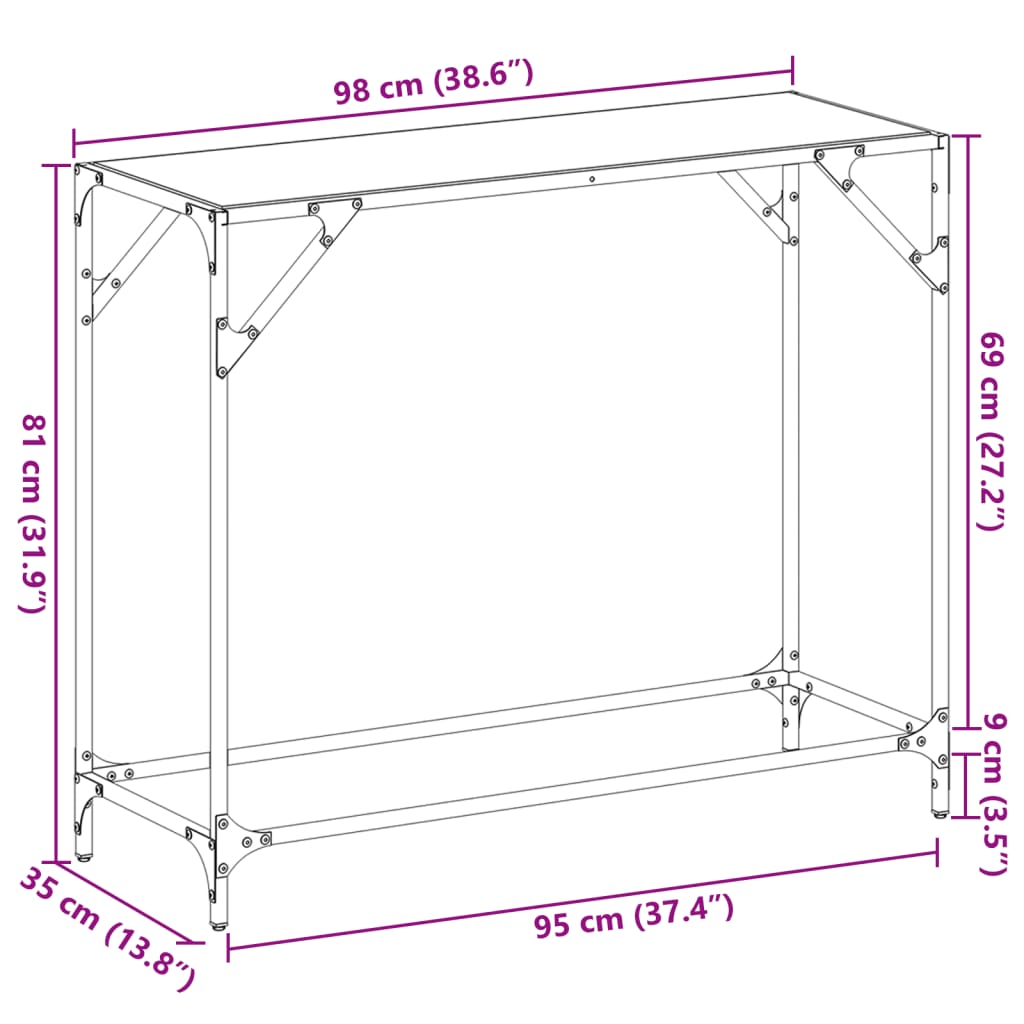 Konsolbord med svart glasskiva 98x35x81 cm stål