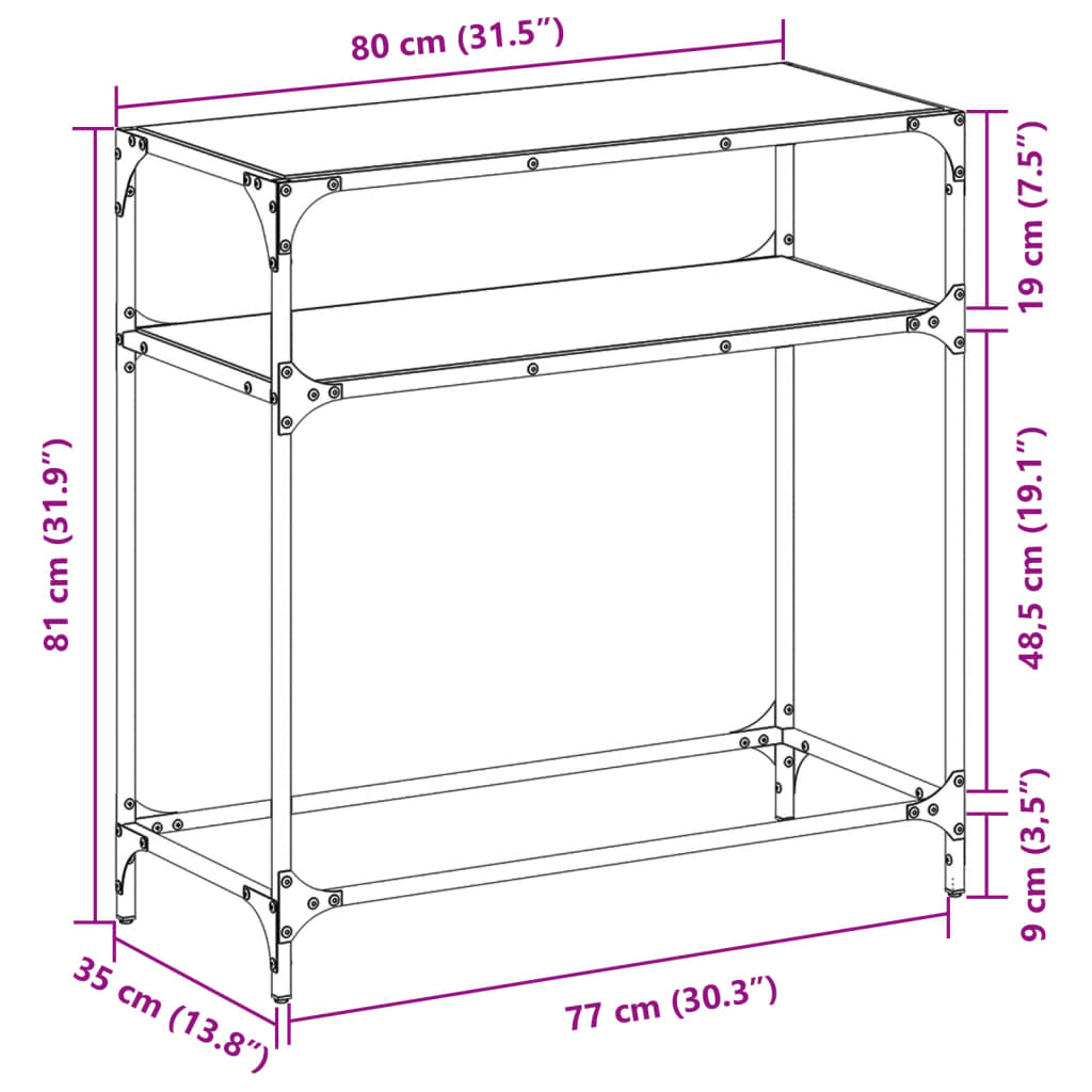 Konsolbord med svart glasskiva 80x35x81 cm stål