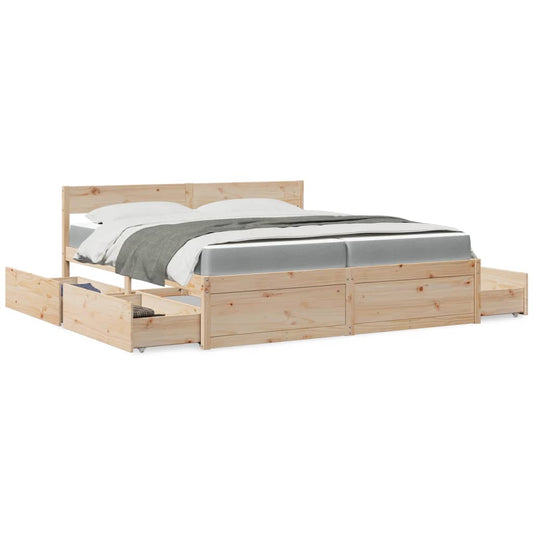 Sängram med lådor och madrass 200x200 cm massiv furu
