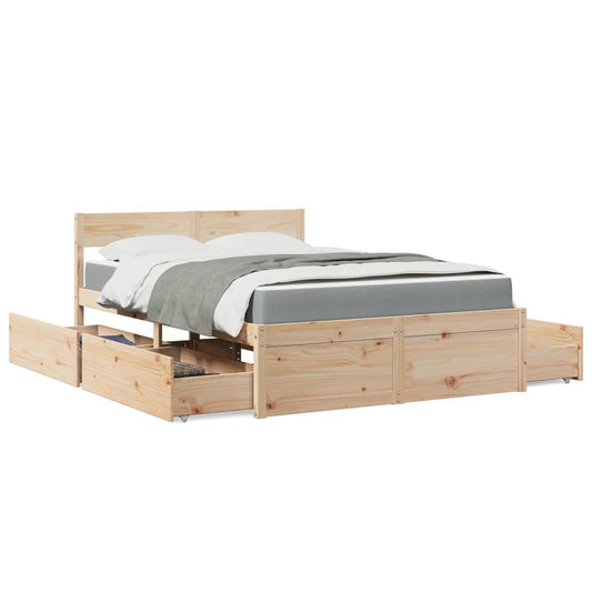 Sängram med lådor och madrass 140x190 cm massiv furu