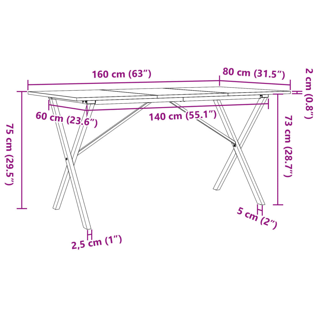 Matbord X-ram 160x80x75 cm massiv furu och stål