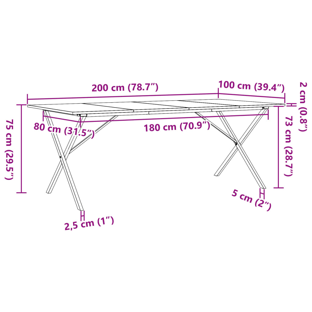 Matbord X-ram 200x100x75 cm massiv furu och stål