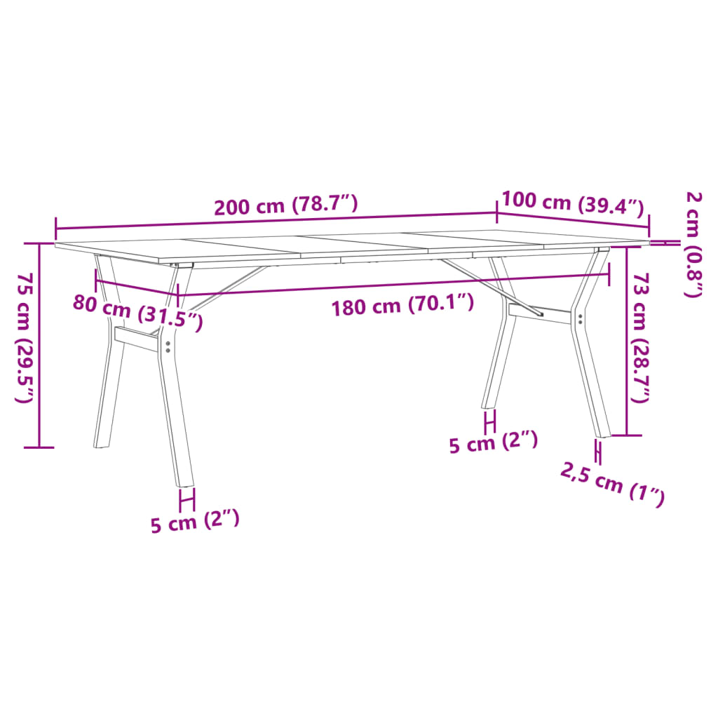 Matbord Y-ram 200x100x75 cm massiv furu och stål