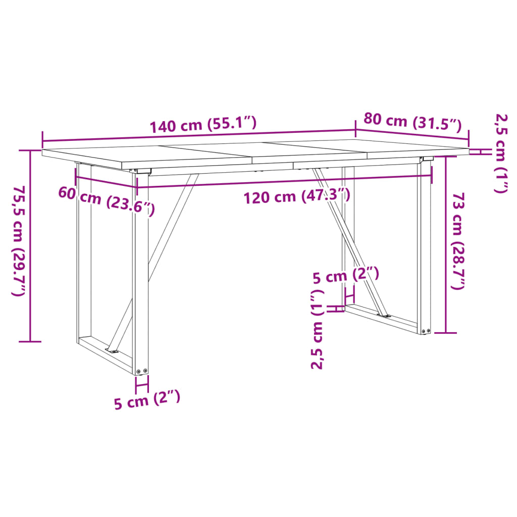 Matbord O-ram 140x80x75,5 cm massiv furu och stål