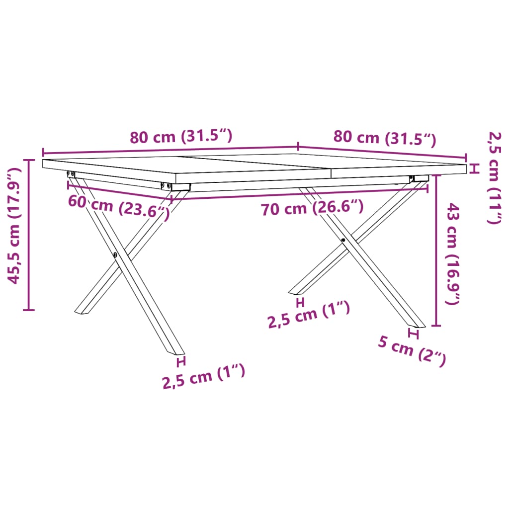 Soffbord X-ram 80x80x45,5 cm massiv furu och stål