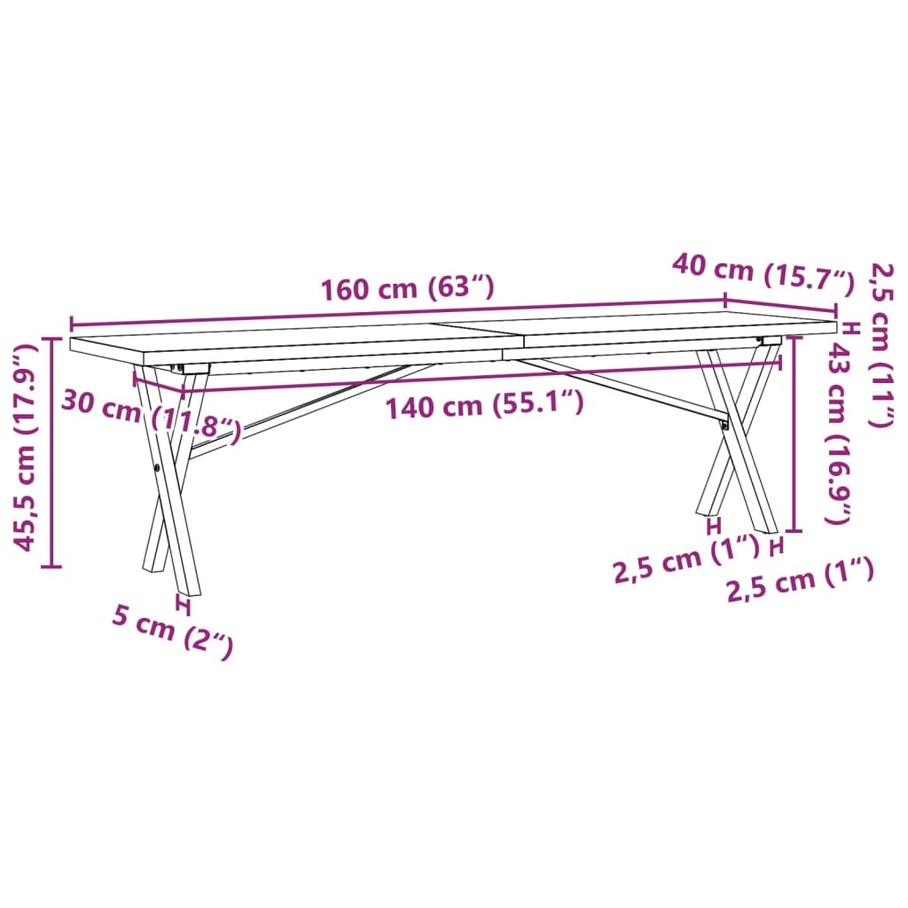 Soffbord X-ram 160x40x45,5 cm massiv furu och stål