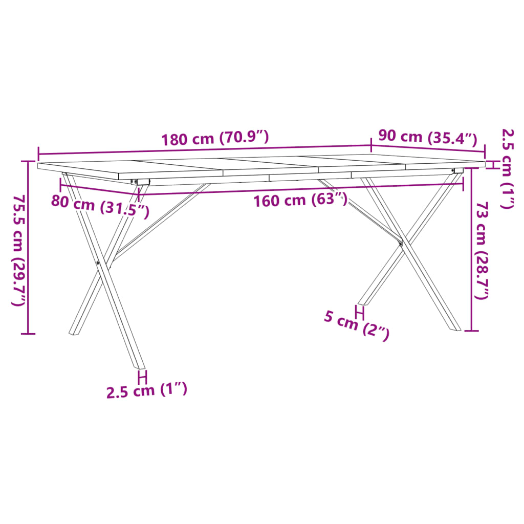 Matbord X-ram 180x90x75,5 cm massiv furu och stål