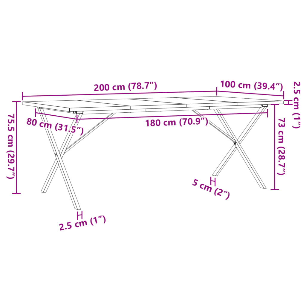 Matbord X-ram 200x100x75,5 cm massiv furu och stål