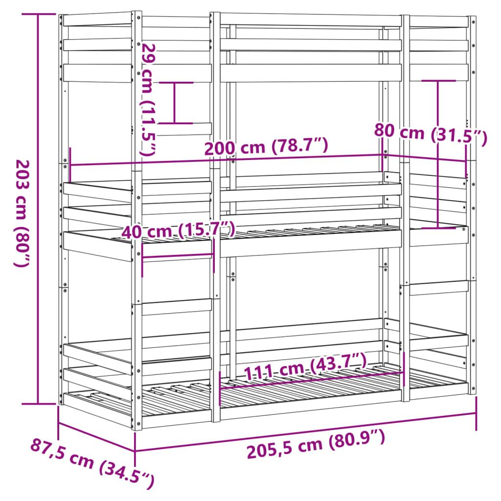 Våningssäng 3 våningar vaxad brun 80x200 cm massiv furu - HQ5