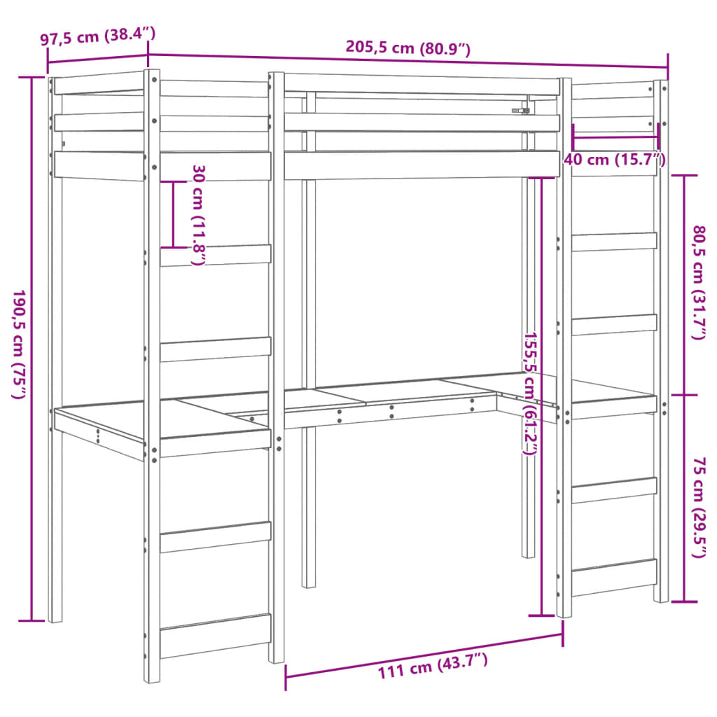 Våningssäng med skrivbord vaxbrun 90x200 cm massiv furu