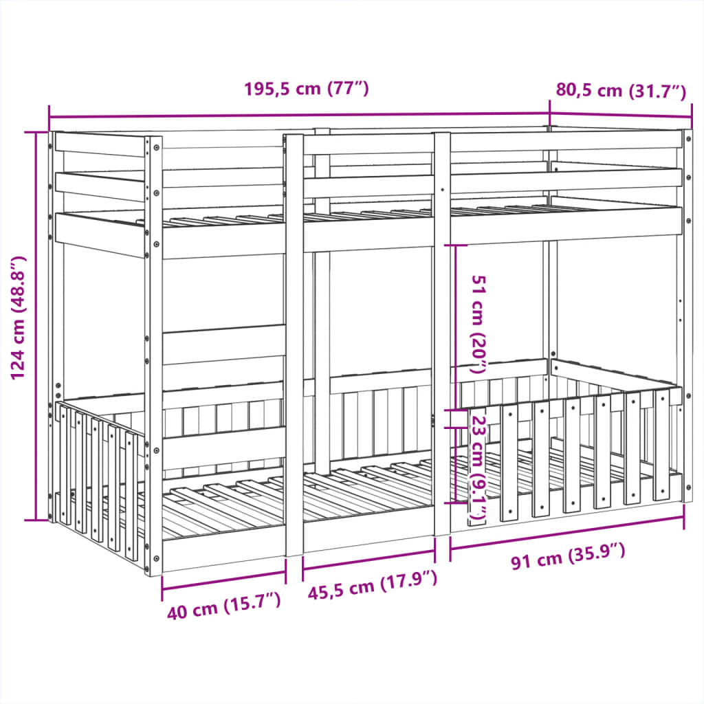 Våningssäng vit 75x190 cm massiv furu