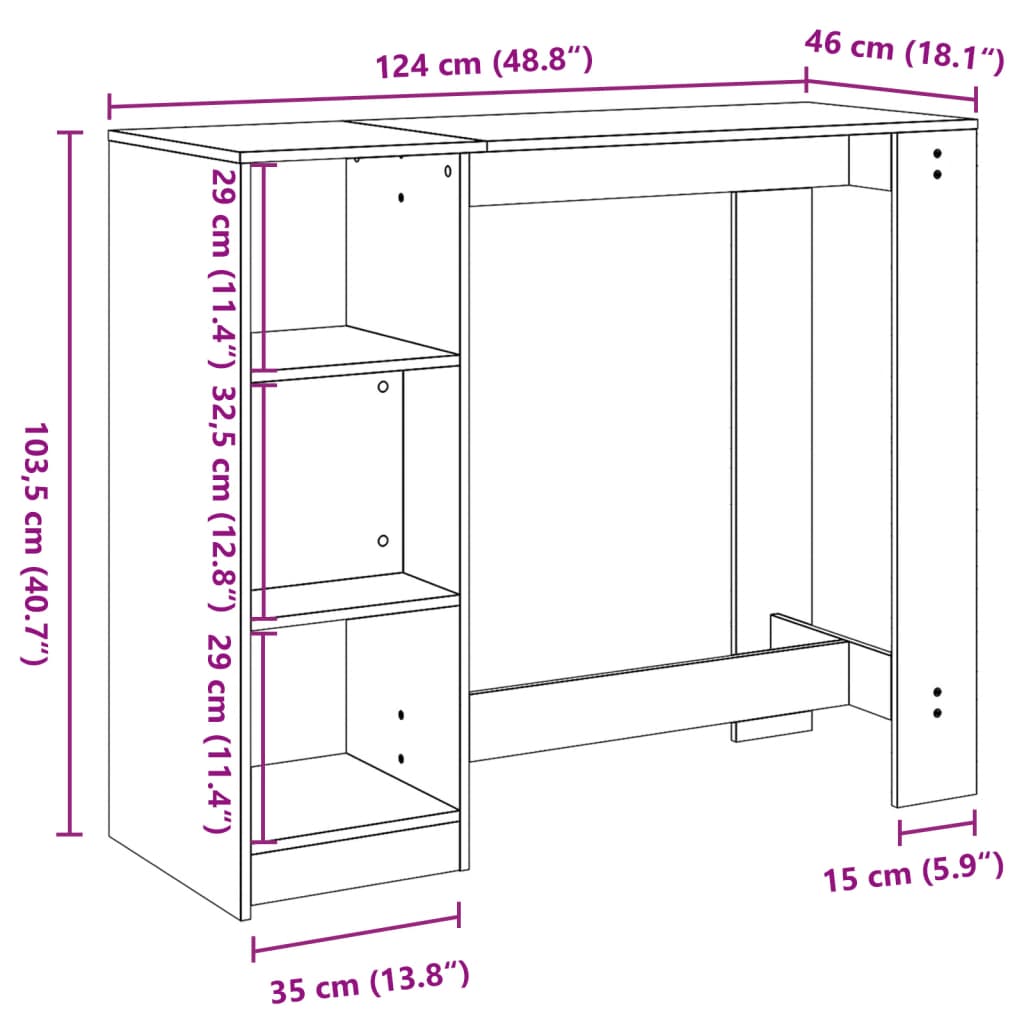 Barbord med hylla vit 124x46x103,5 cm konstruerat trä