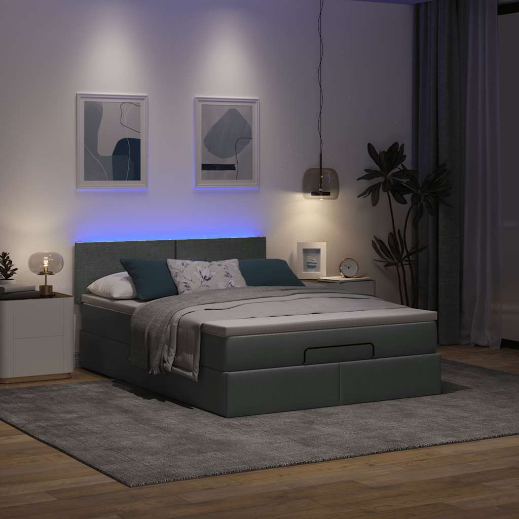 Ottoman säng med madrass och LED-lampor mörkgrå 140x190 cm tyg