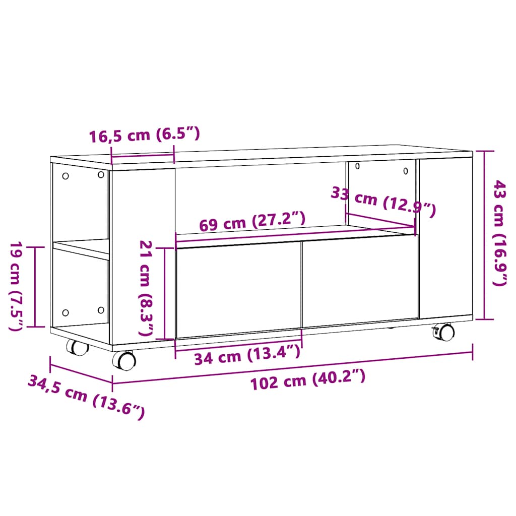 TV-bänk med hjul åldrat trä 102x34,5x43 cm konstruerat trä