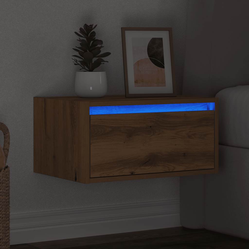 Väggmonterat sängbord med LED-lampor artisan ek