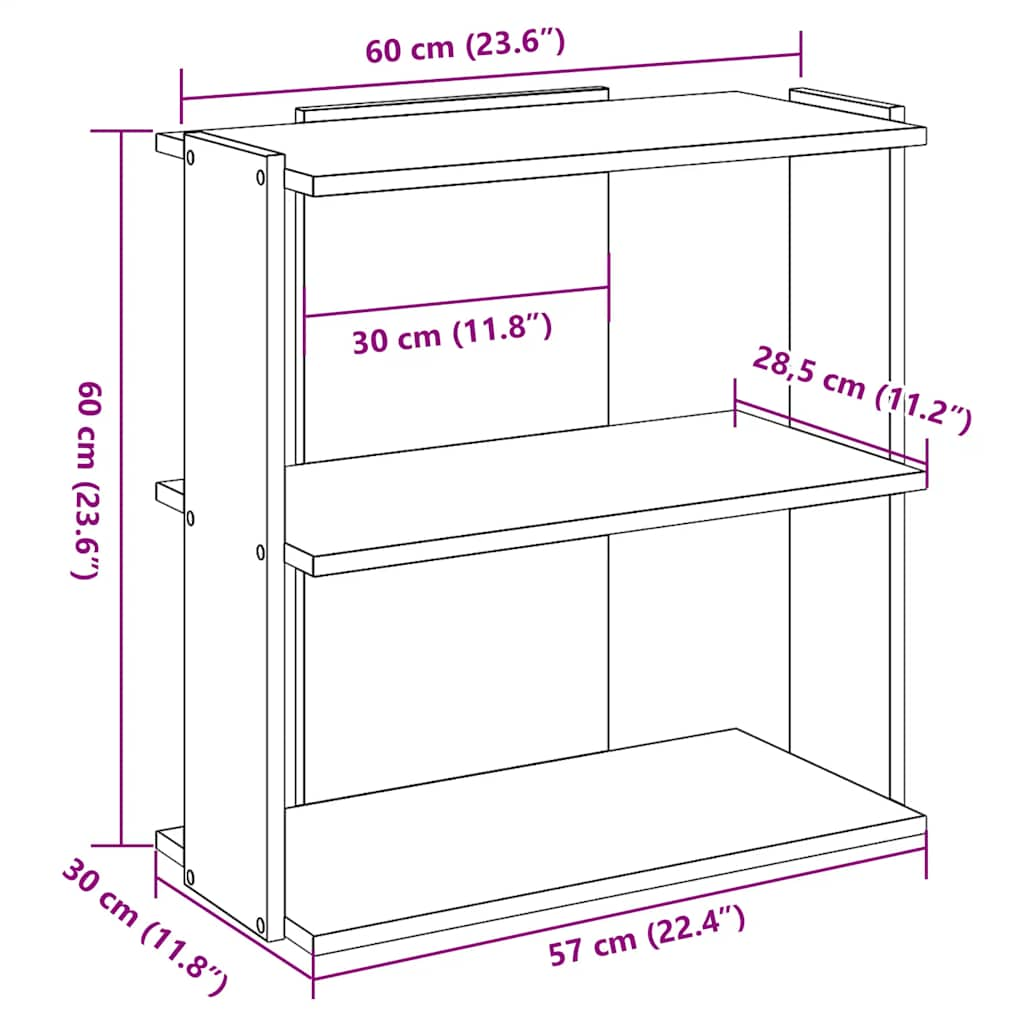 Bokhylla 3 hyllplan vit 60x30x60 cm konstruerat trä