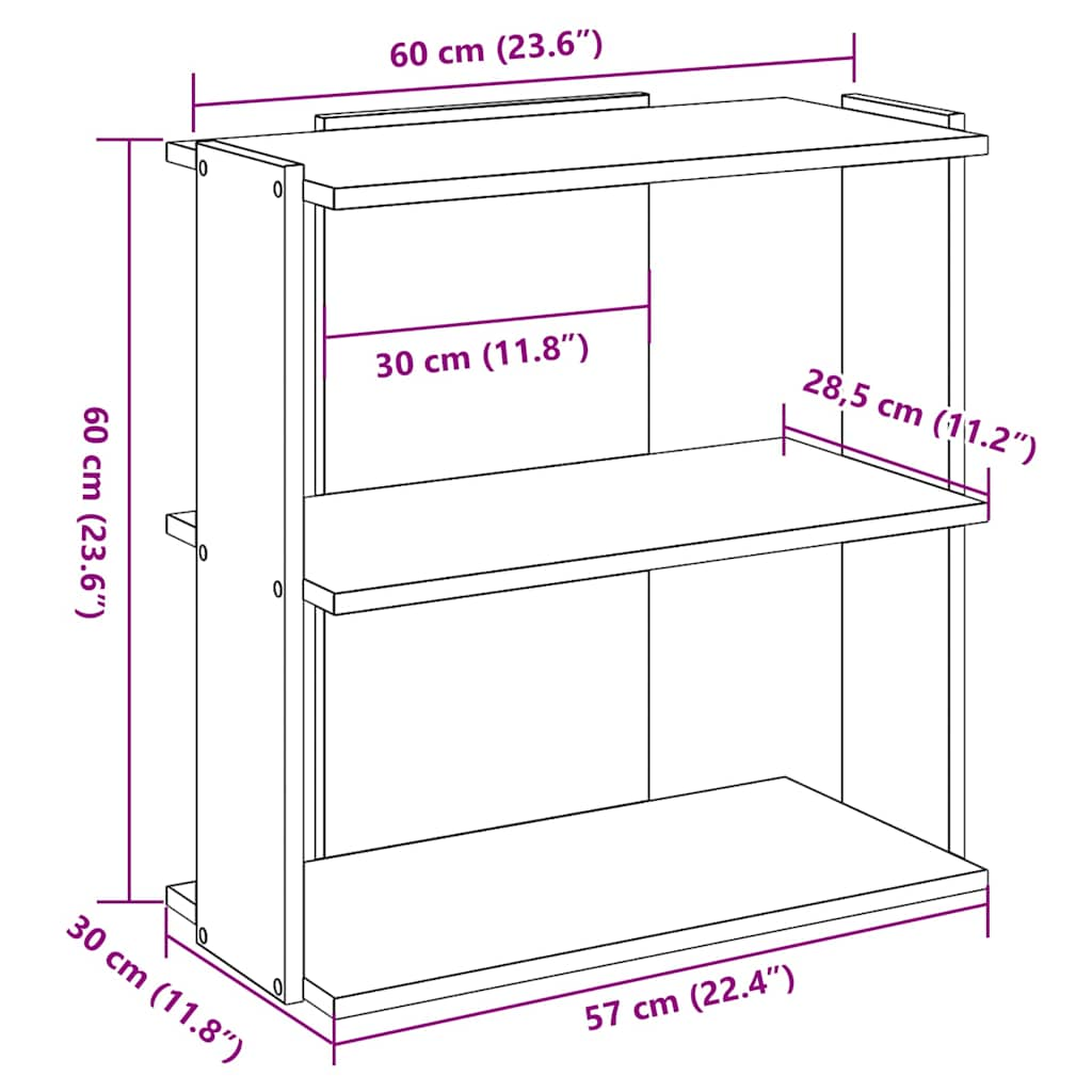 Bokhylla 3 hyllplan sonoma-ek 60x30x60 cm konstruerat trä