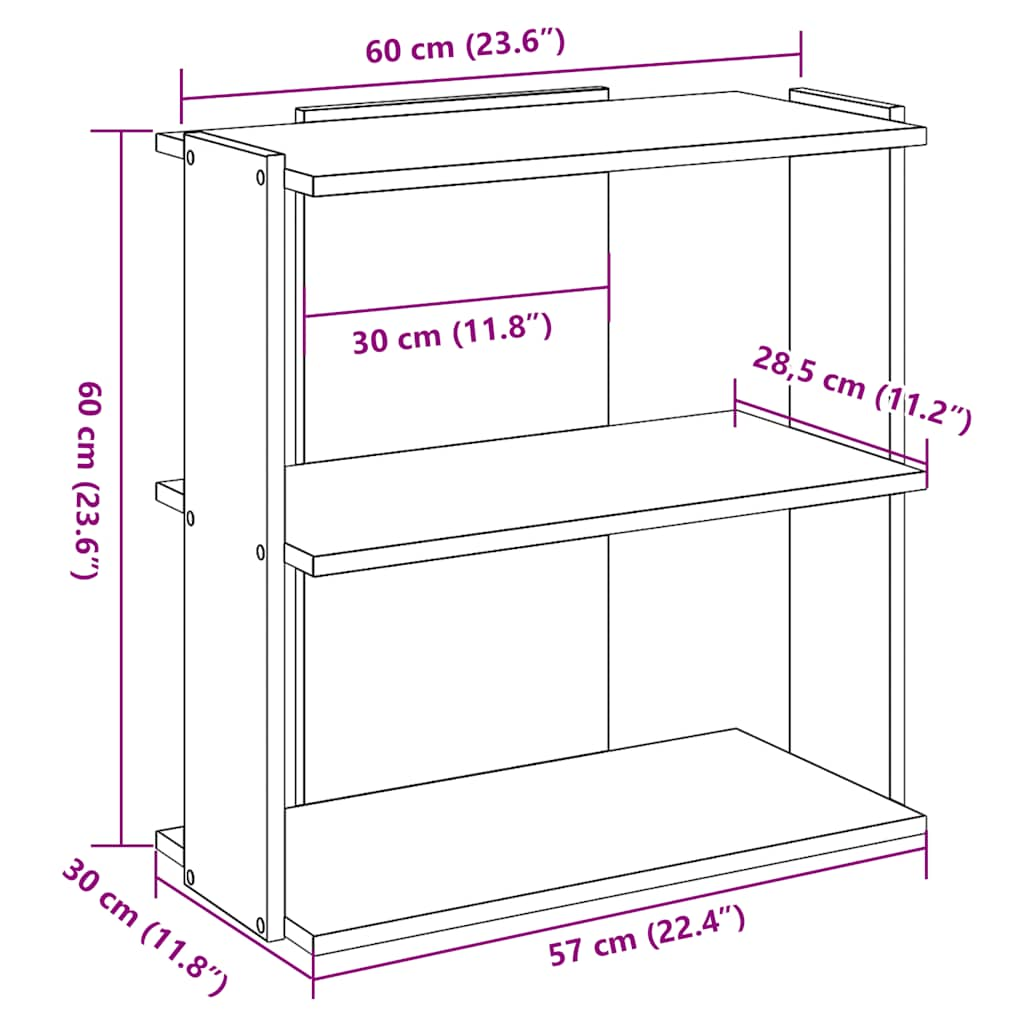 Bokhylla 3 hyllplan ek 60x30x60 cm konstruerat trä