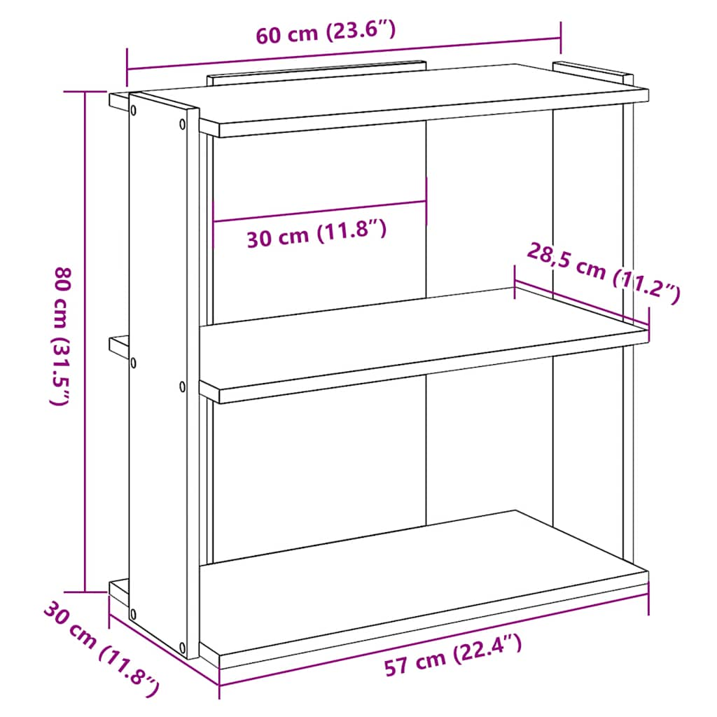 Bokhylla 3 hyllplan betonggrå 60x30x80 cm konstruerat trä