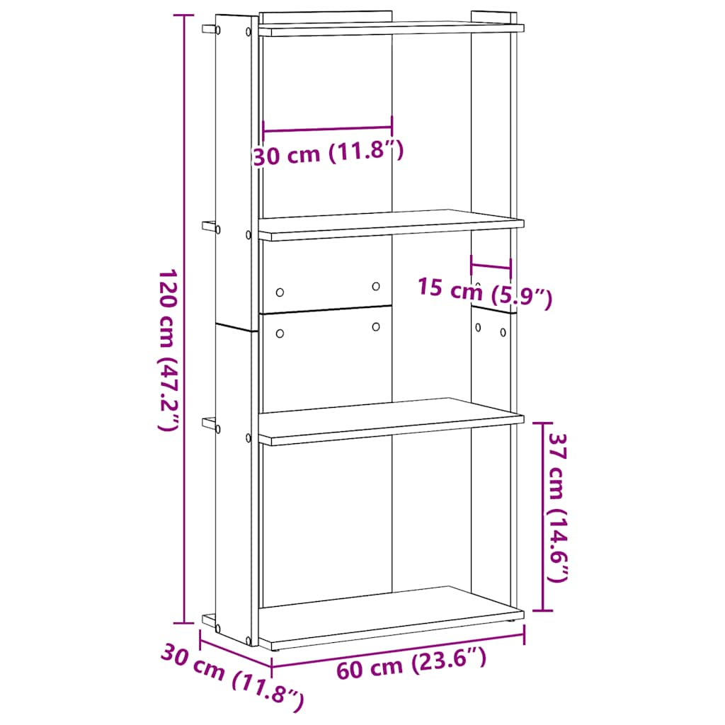 Bokhylla 3 hyllplan betonggrå 60x30x120 cm konstruerat trä