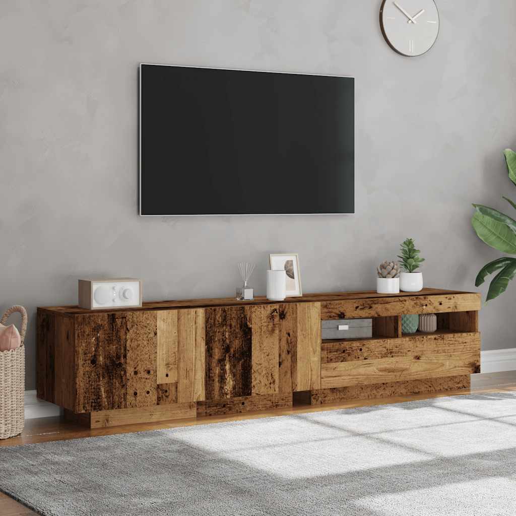 TV-bänk med LED-lampor åldrat trä 180x35x40 cm konstruerat trä