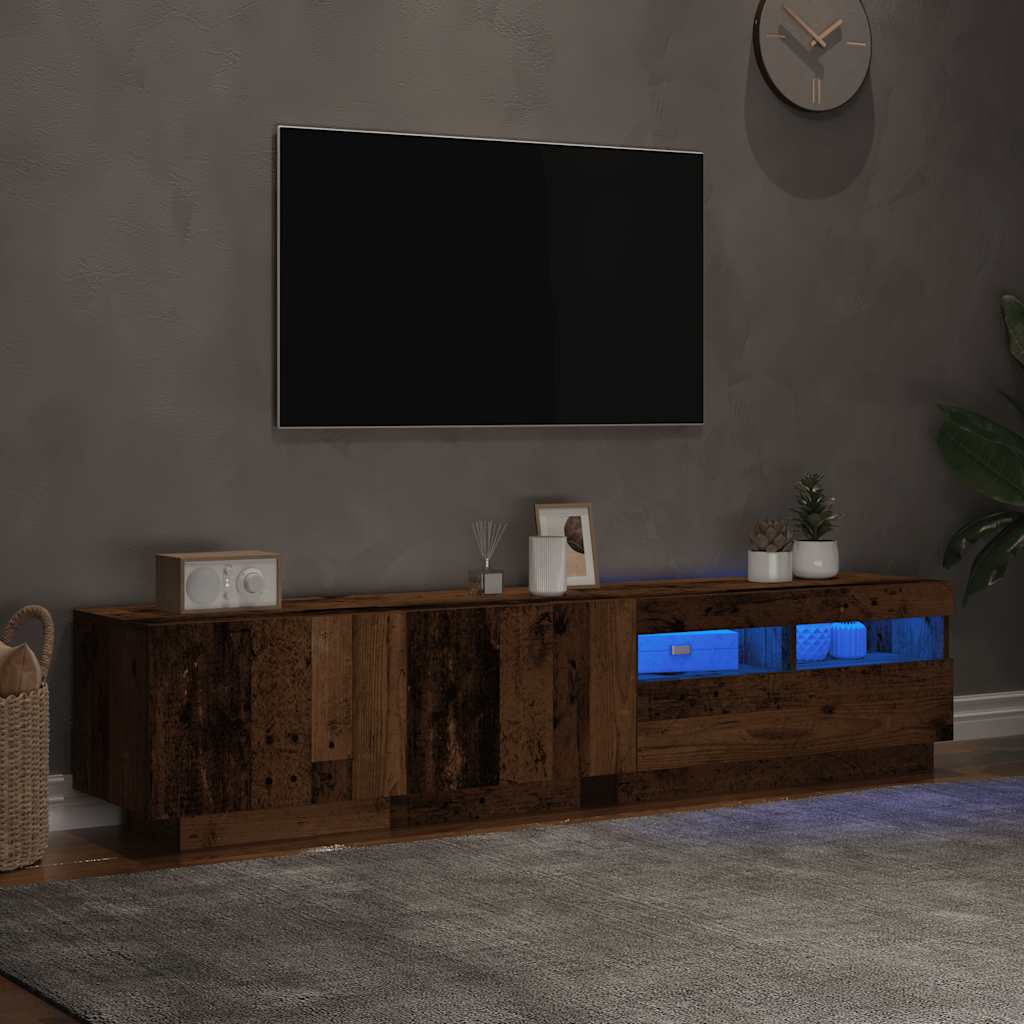 TV-bänk med LED-lampor åldrat trä 180x35x40 cm konstruerat trä